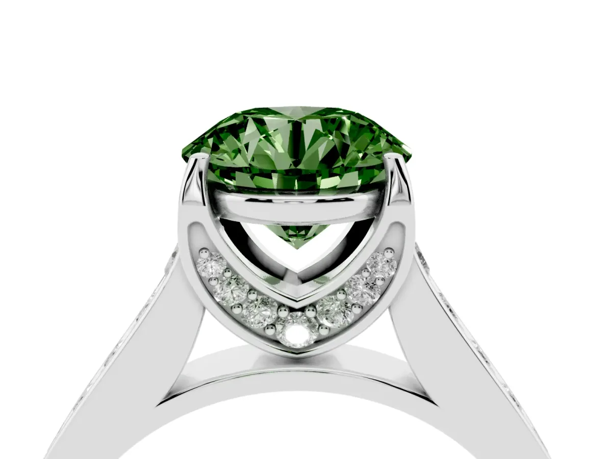 Fancy Green Round Cut Brilliant Cut Diamond Engagement Ring with Pavé Band and Four-Prong Setting Platinum