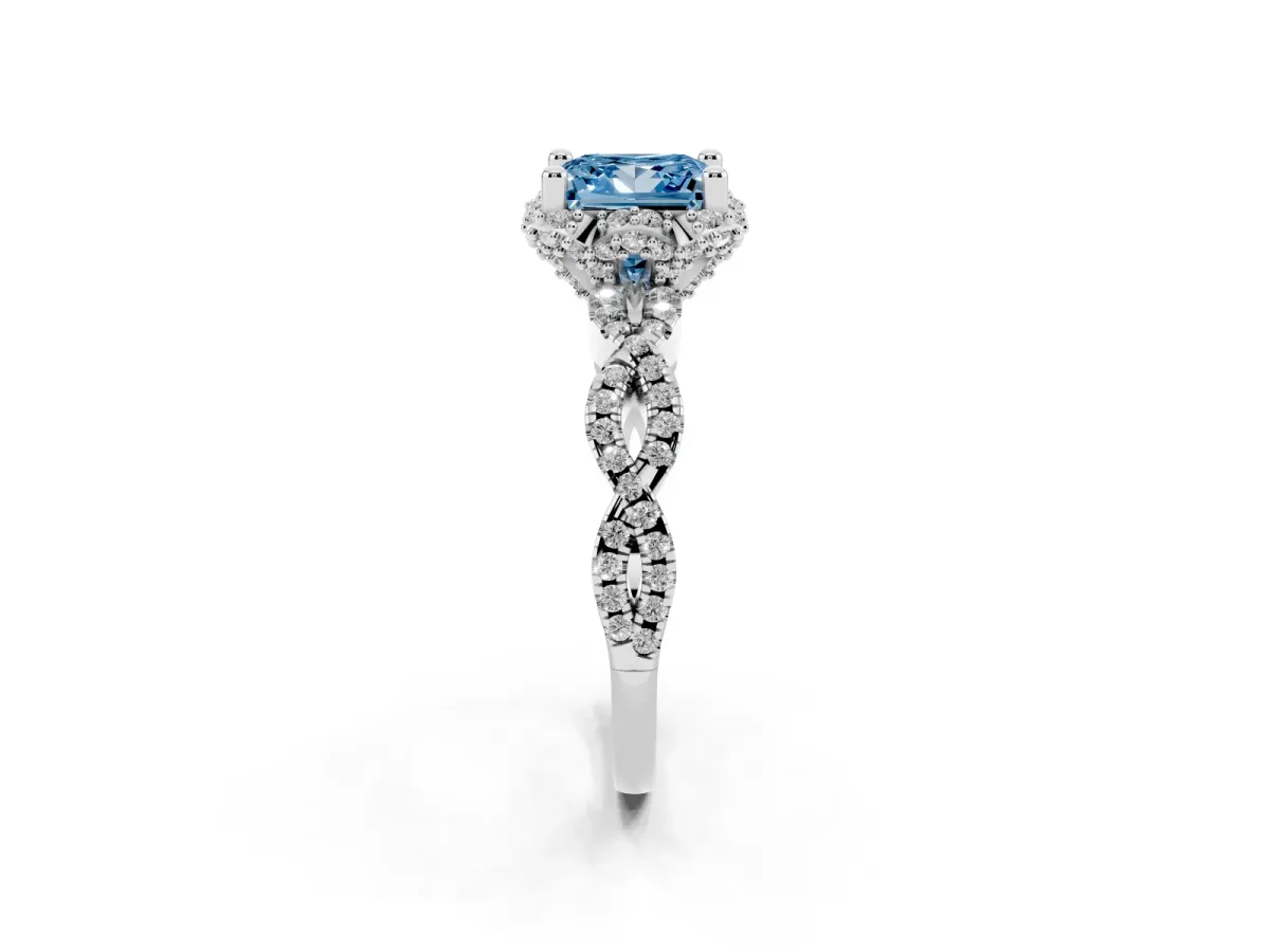 Fancy Blue Princess Cut Halo Twist Band Solitaire Ring with Six-Prong Setting Platinum