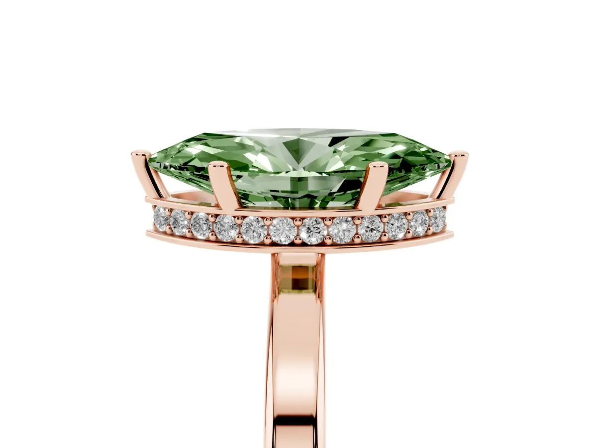 Fancy Green Marquise Cut Cut Solitaire Engagement Ring with Four-Prong Setting on a Classic Band Rose gold