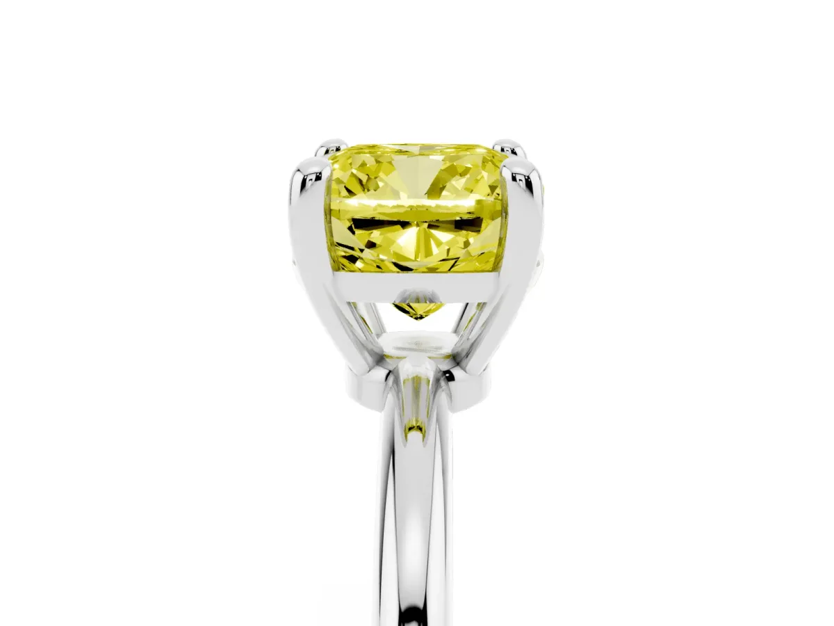 Fancy Yellow Cushion Cut Solitaire Diamond Ring with 4-Prong Setting on a Classic Band Silver