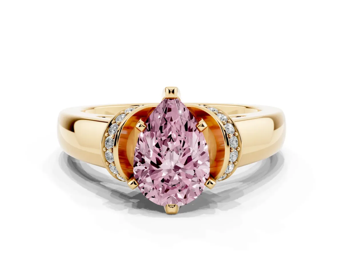Fancy Pink Pear Cut Solitaire Diamond Ring with Pave Band and Six-Prong Setting Yellow gold