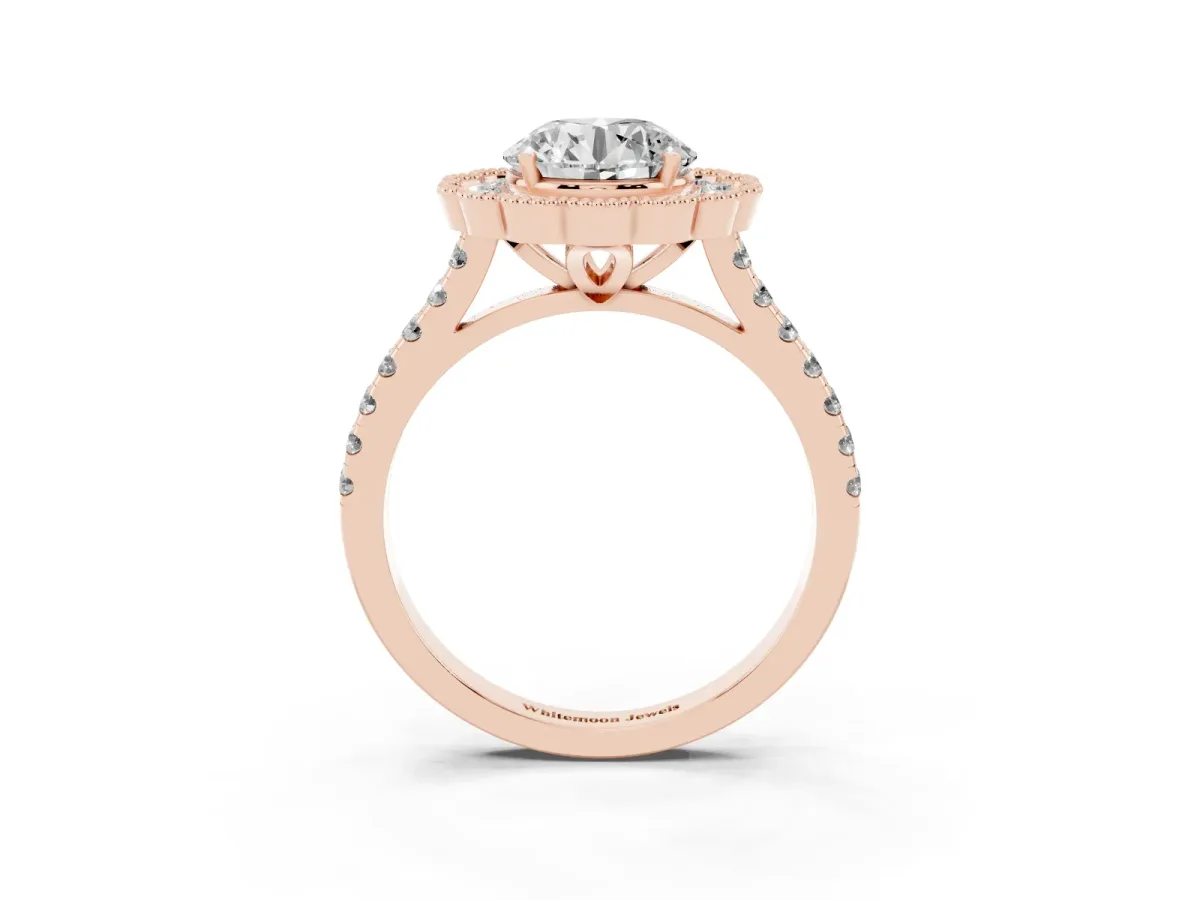Round Cut Cut Diamond Milgrain Floral Halo Engagement Ring with Pavé Band Rose gold