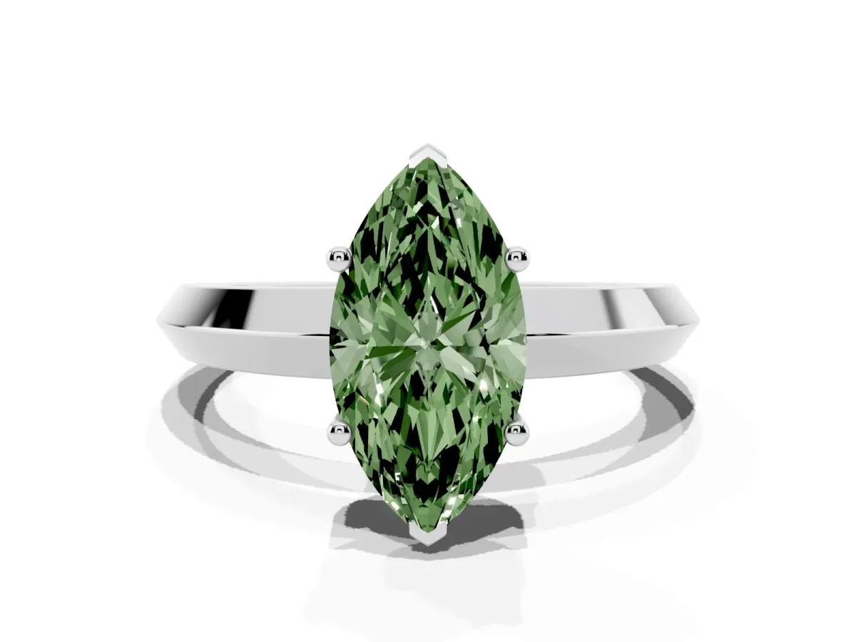 Fancy Green Marquise Cut Cut Solitaire Engagement Ring with Flat Band and Four-Prong Setting Silver