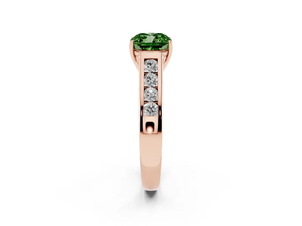 Fancy Green Cushion Cut Brilliant Channel-Set Solitaire Ring with Four-Prong Setting Rose gold