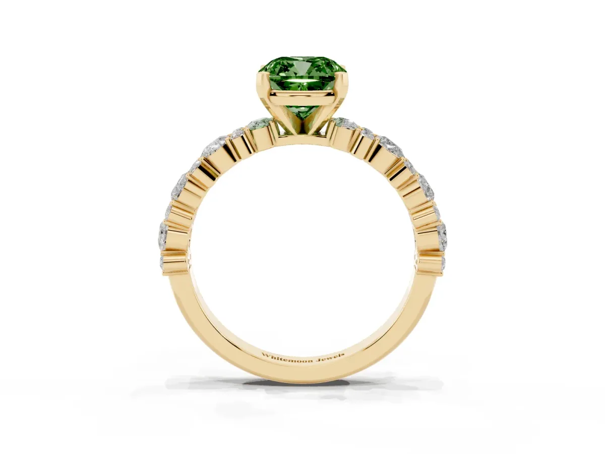 Fancy Green Cushion Cut Diamond Side Stone Solitaire Ring with Round and Four-Prong Setting Yellow gold