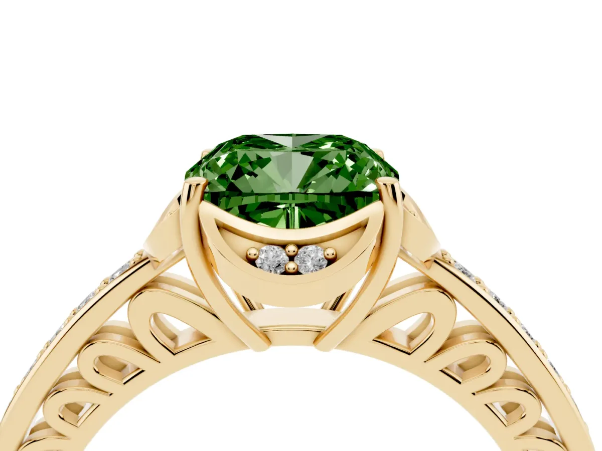 Fancy Green Cushion Cut Cut Halo Diamond Ring with Channel Set Band and Four-Prong Setting Yellow gold