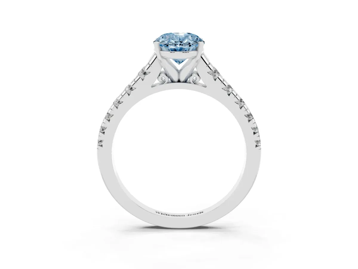Fancy Blue Oval Cut Diamond Cathedral Solitaire Ring with Round Pavé Band Silver