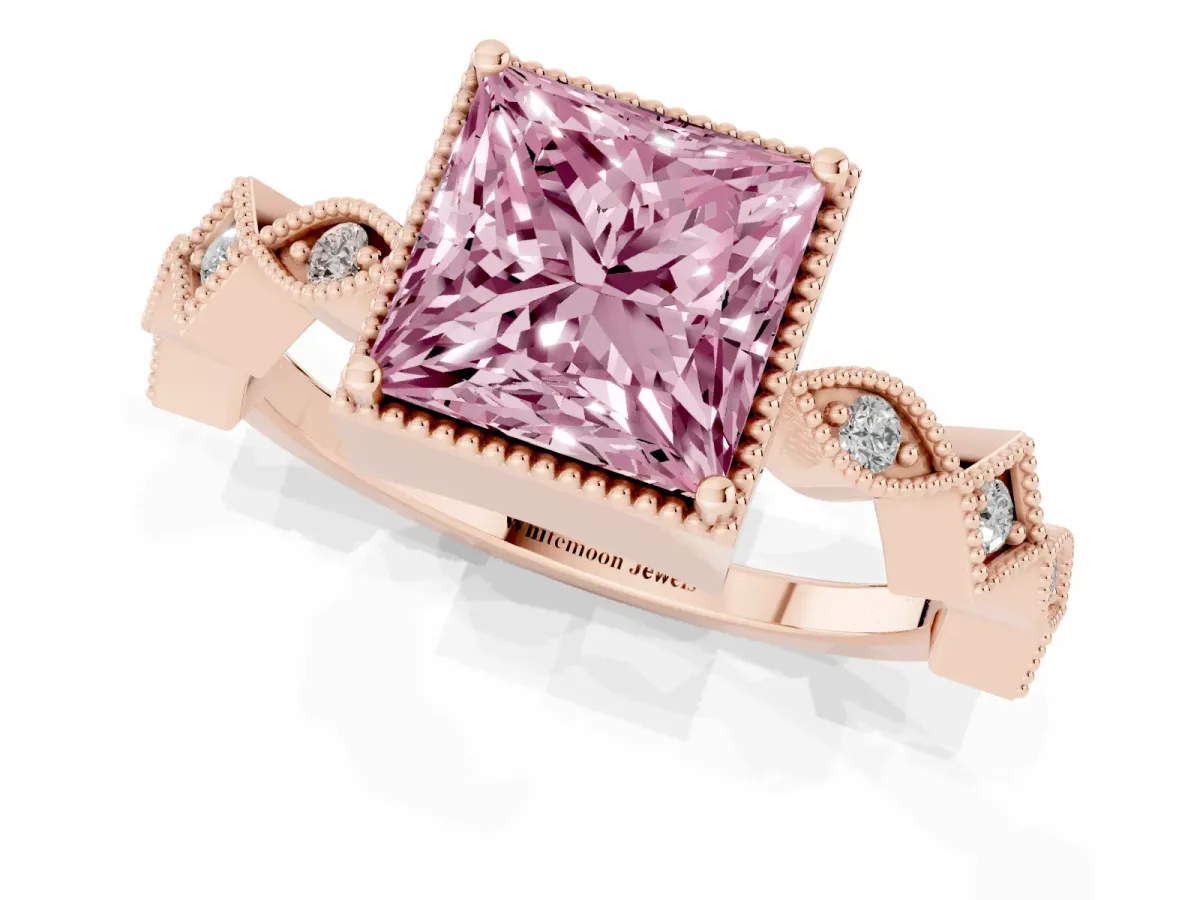 Fancy Pink Princess Cut Milgrain Marquise Diamond Twist Band Ring Rose gold