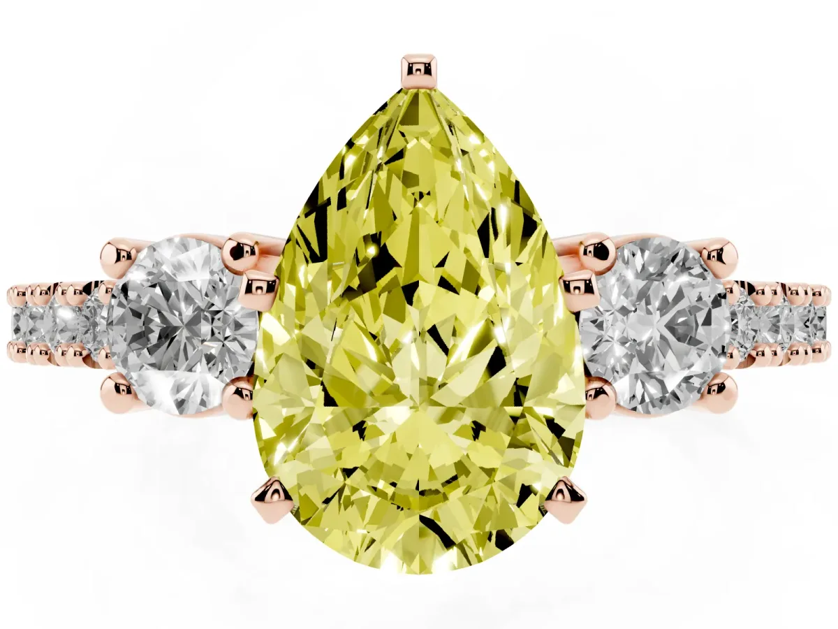 Fancy Yellow Pear Cut Three-Stone Diamond Pavé Band with Prong Setting Rose gold