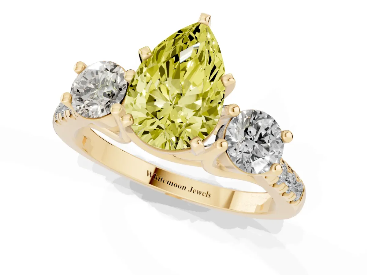 Fancy Yellow Three-Stone Pear Cut Diamond Pavé Band with Four-Prong Setting Yellow gold