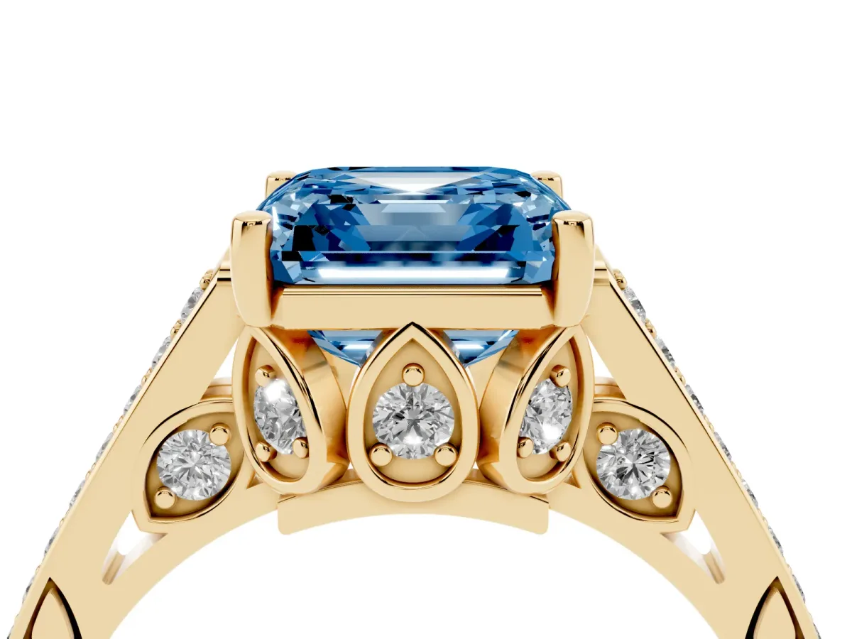 Fancy Blue Asscher Cut Cut Cathedral Pave Diamond Engagement Ring with Six-Prong Setting Yellow gold
