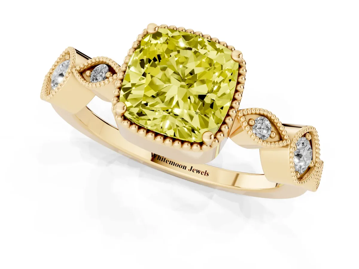 Fancy Yellow Cushion Cut Diamond Vintage Milgrain Ring with Round Stations Yellow gold