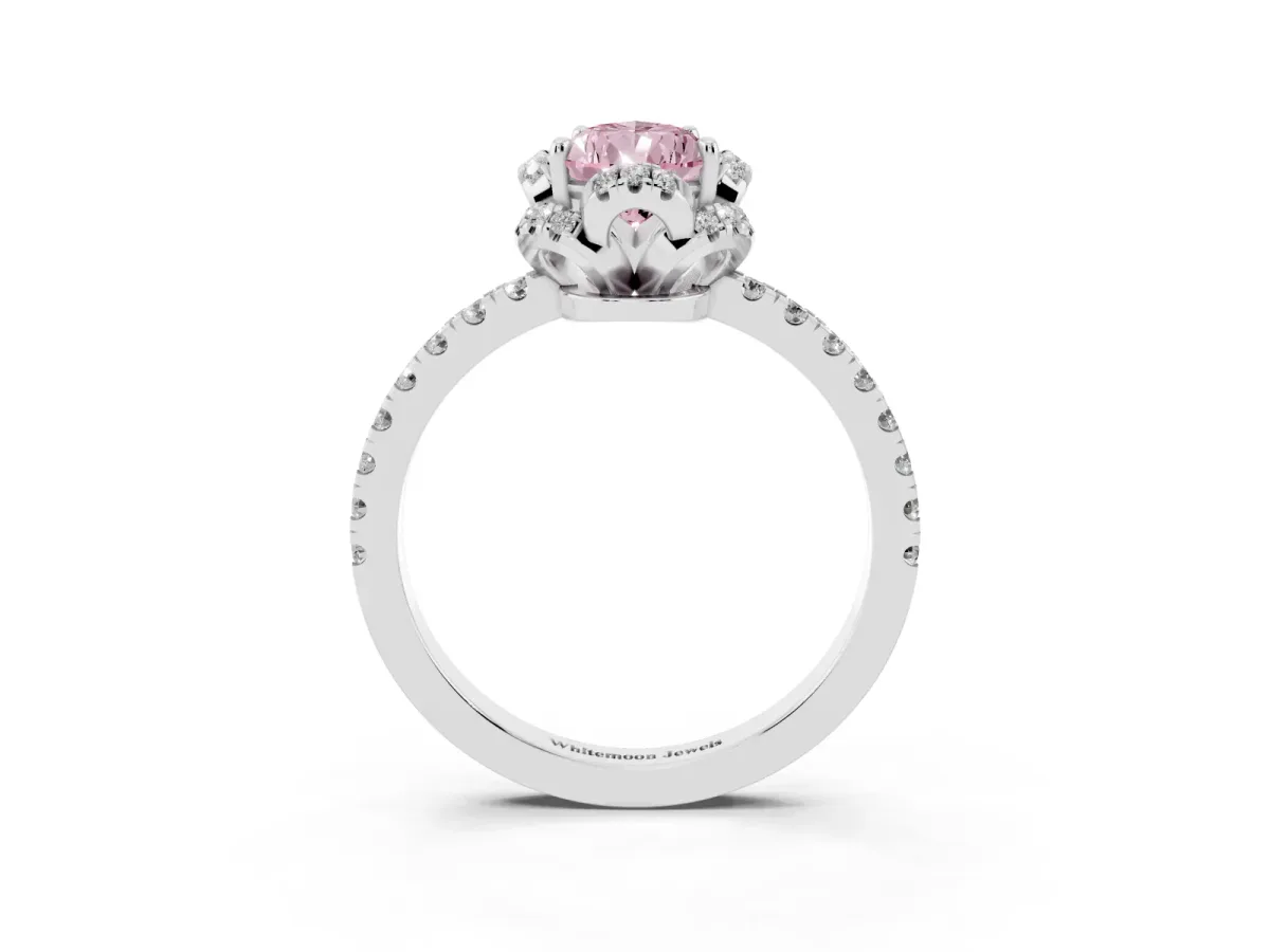 Fancy Pink Pear Cut Halo Diamond Pave Band Ring with Four-Prong Setting Silver