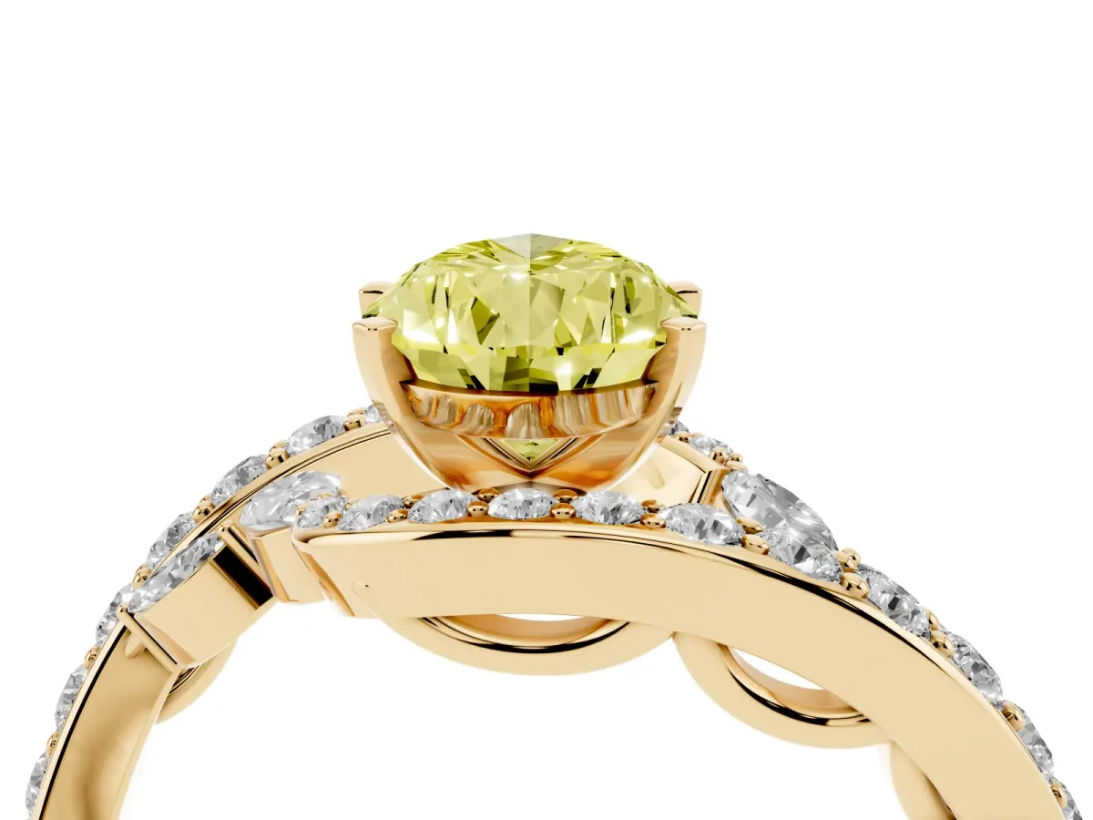 Fancy Yellow Pear Cut Solitaire with Pavé Twist Band and Four-Prong Setting Yellow gold