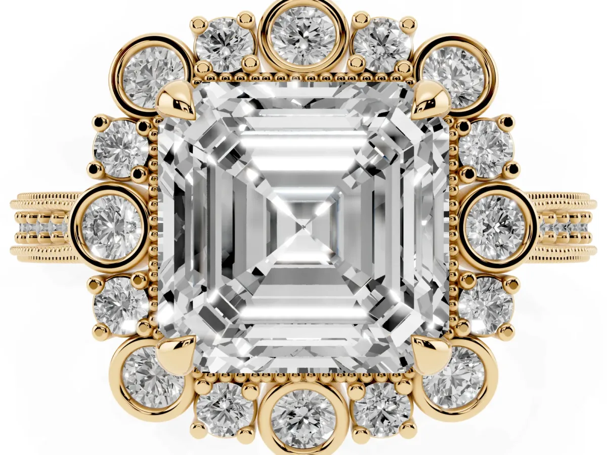 Asscher Cut Halo Milgrain Pave Diamond Ring with Four-Prong Setting Yellow gold