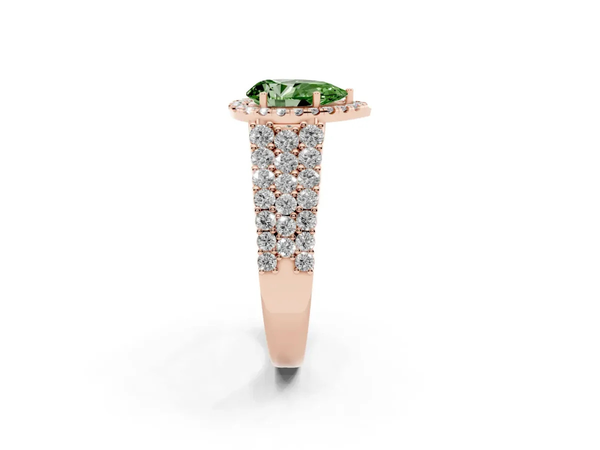 Fancy Green Pear Cut Diamond Halo Engagement Ring with Triple Row Round Pavé Band and Prong Setting Rose gold