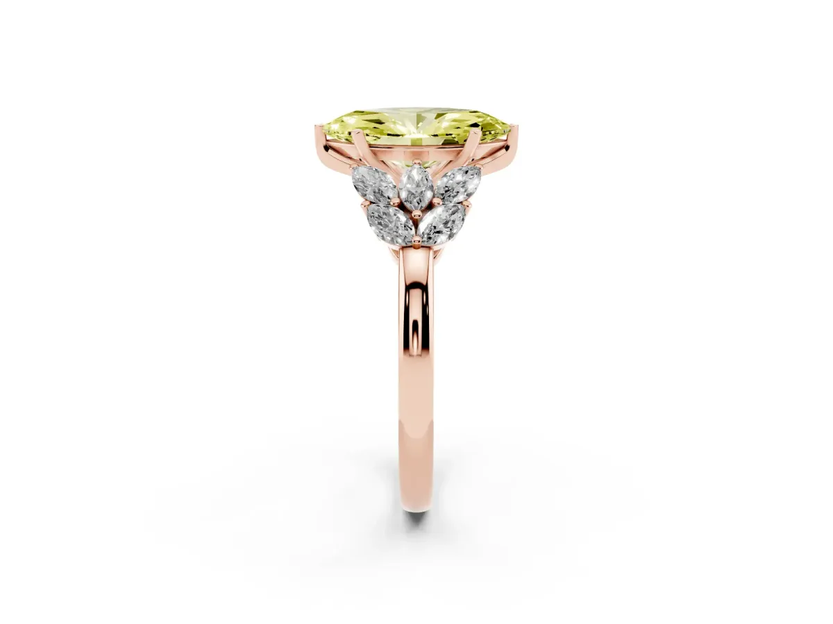 Fancy Yellow Marquise Cut Diamond Cluster Leaf Design Ring with Prong Setting Rose gold