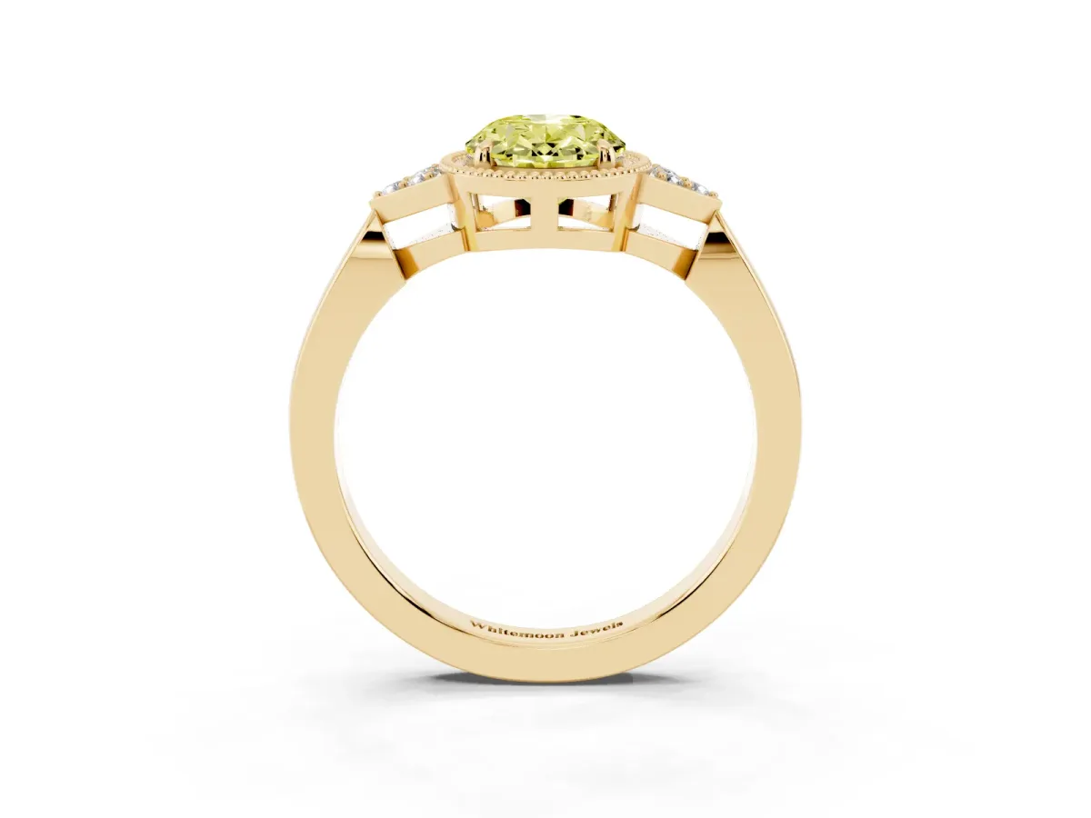 Fancy Yellow Oval Cut Diamond Halo Ring with Tapered Band and Four-Prong Setting Yellow gold