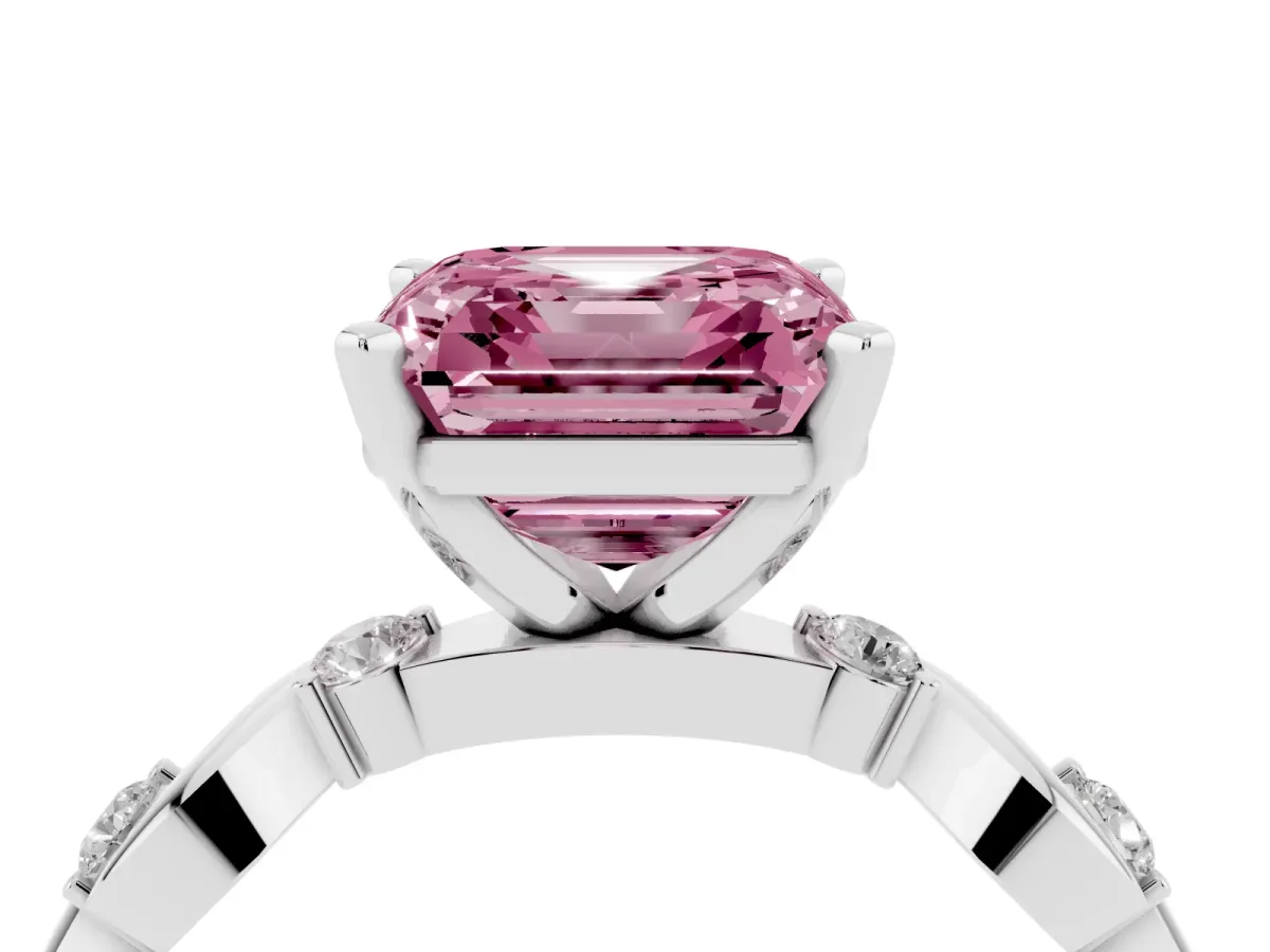 Fancy Pink Asscher Cut Diamond Solitaire Twisted Band with Round Accents and Prong Setting Silver