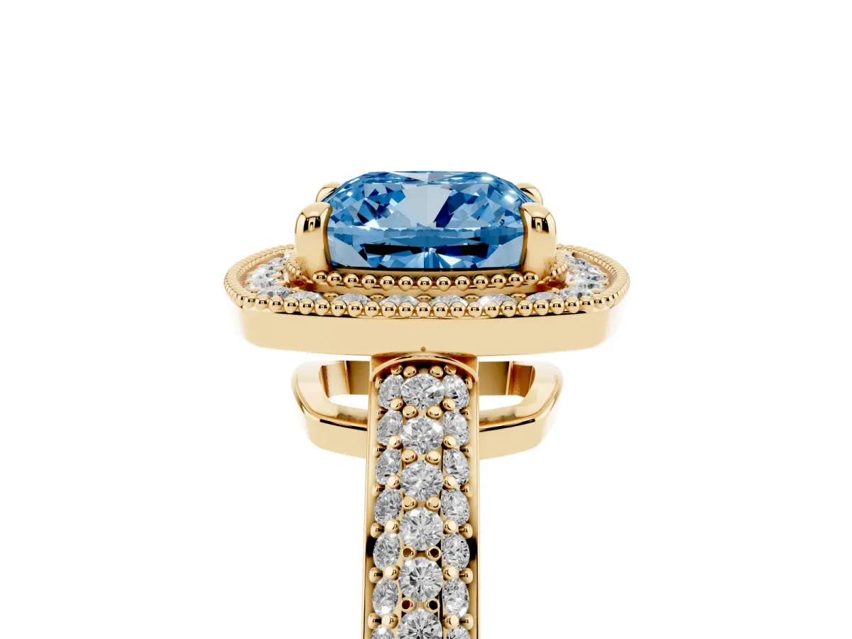 Fancy Blue Cushion Cut Cut Halo Diamond Pave Band with Four-Prong Setting Yellow gold