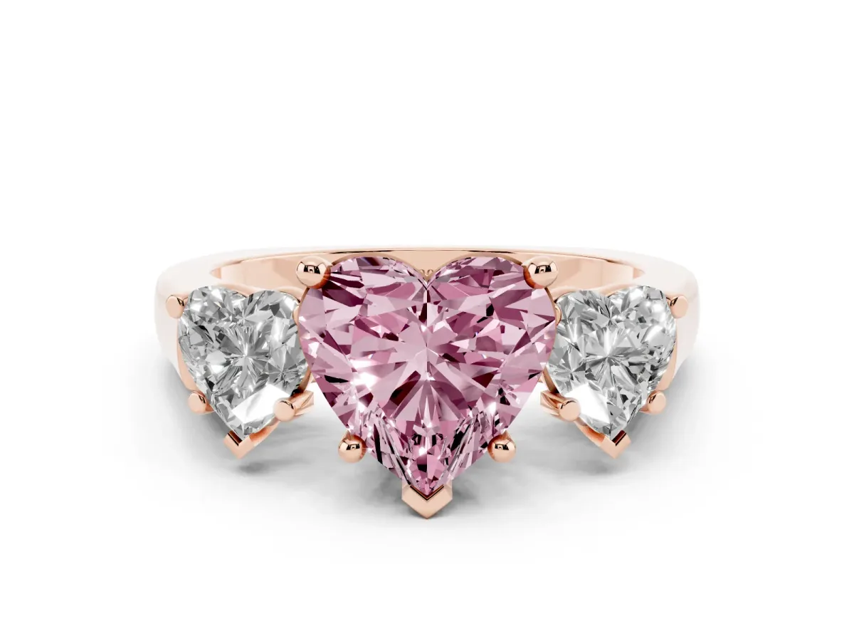 Fancy Pink Three-Stone Heart Cut Brilliant Diamond Trellis Ring with Comfort Fit Band Rose gold