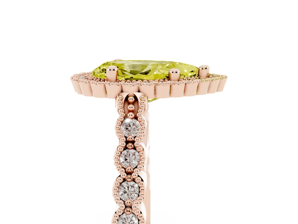 Fancy Yellow Pear Cut Cut Halo Pavé Solitaire Ring with Milgrain Band Rose gold