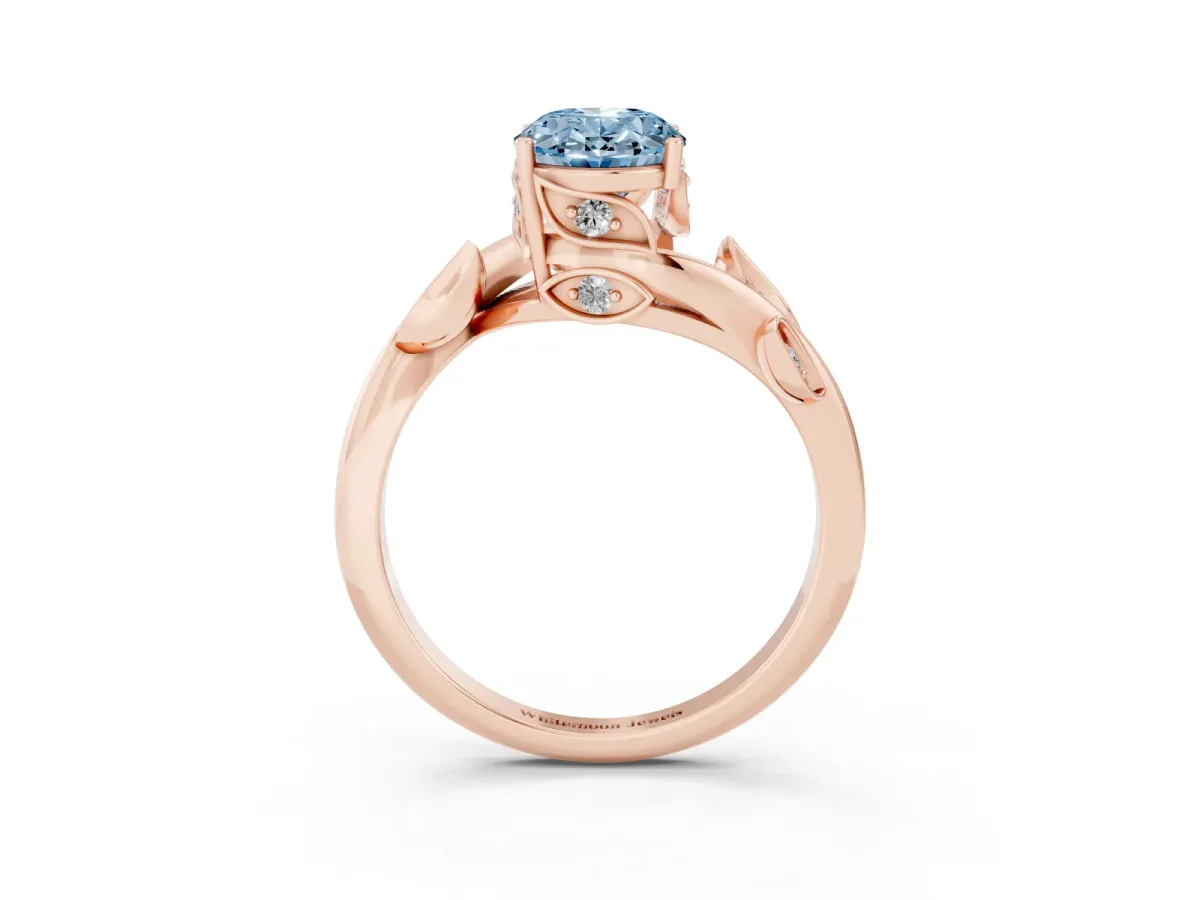 Fancy Blue Oval Cut Solitaire Twist Engagement Ring with Leaf Accents and Prong Setting Rose gold