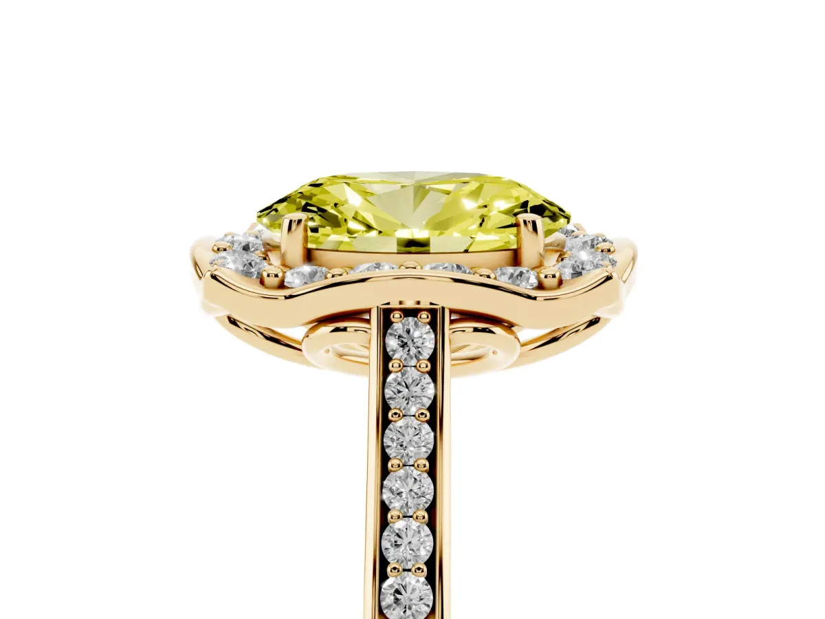 Fancy Yellow Oval Cut Halo Round Diamond Pave Band with Four-Prong Setting Yellow gold