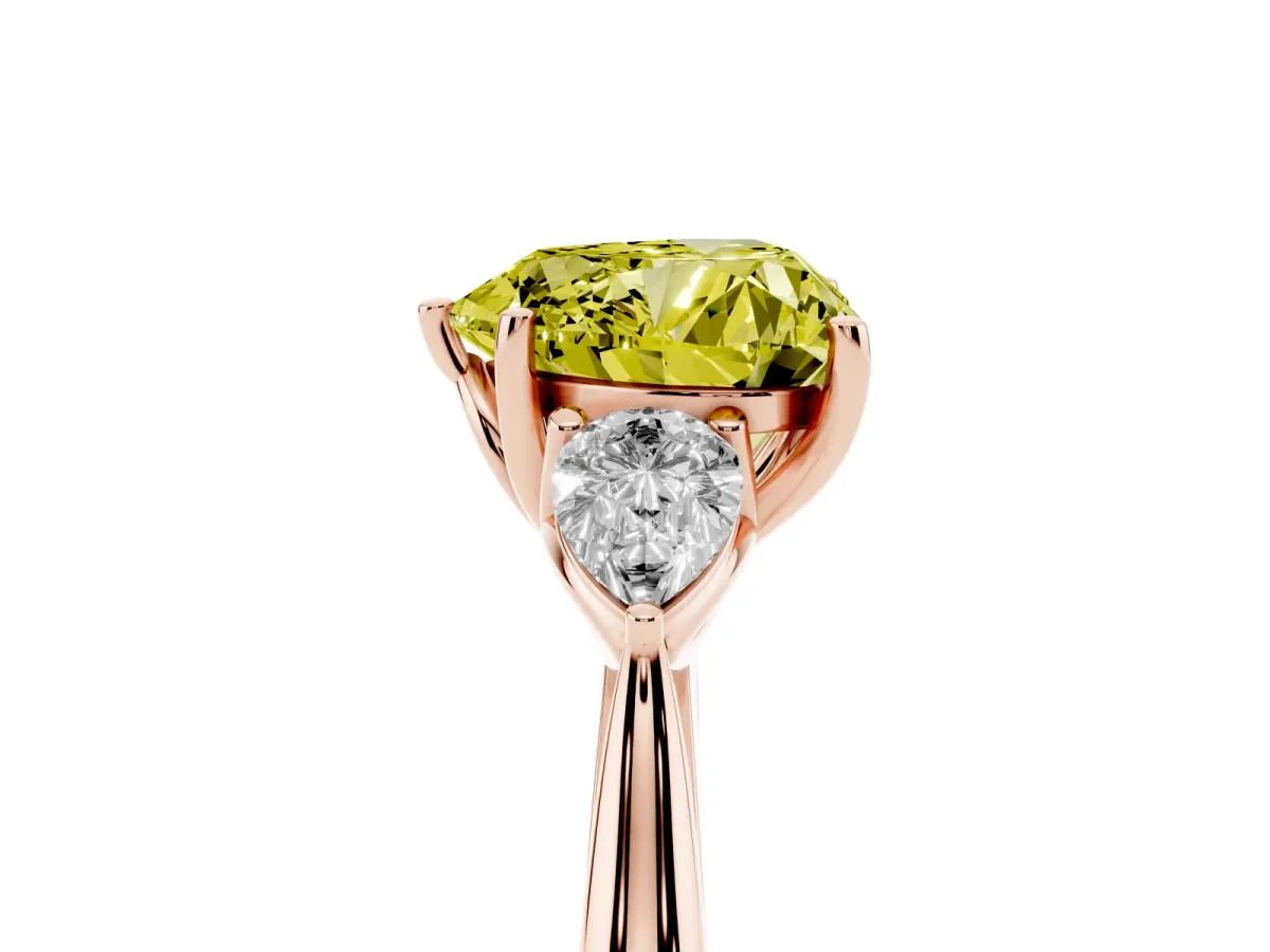 Fancy Yellow Three-Stone Heart Cut Diamond Ring with Pear Side Stones in Four-Prong Setting Rose gold