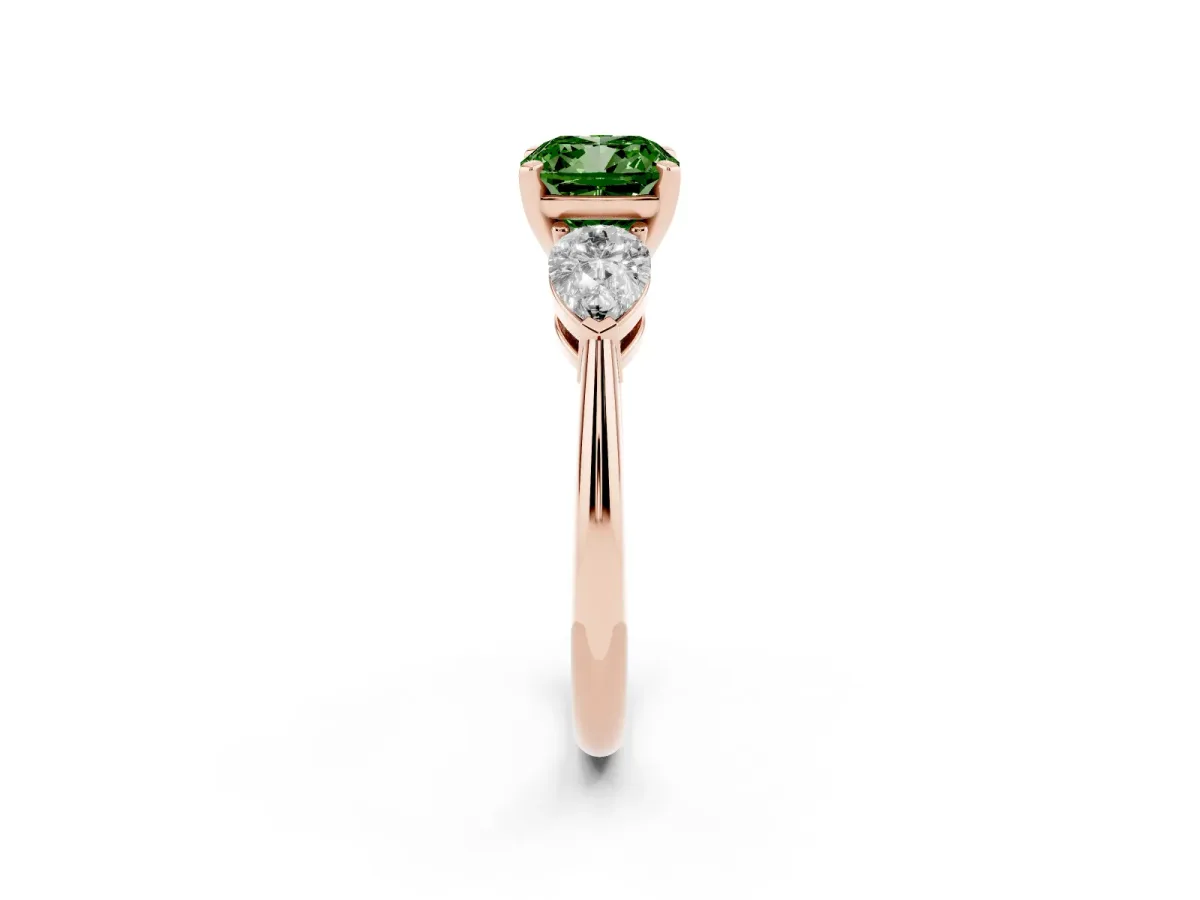 Fancy Green Three-Stone Cushion Cut Diamond Ring with Pear Side Stones and Four-Prong Setting Rose gold