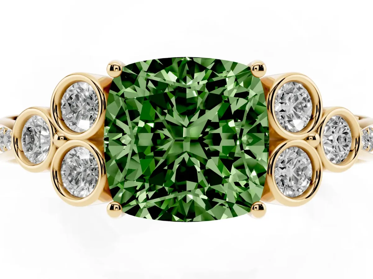 Fancy Green Cushion Cut Cut Diamond Engagement Ring with Bezel Set Round Side Stones and Prong Setting Yellow gold