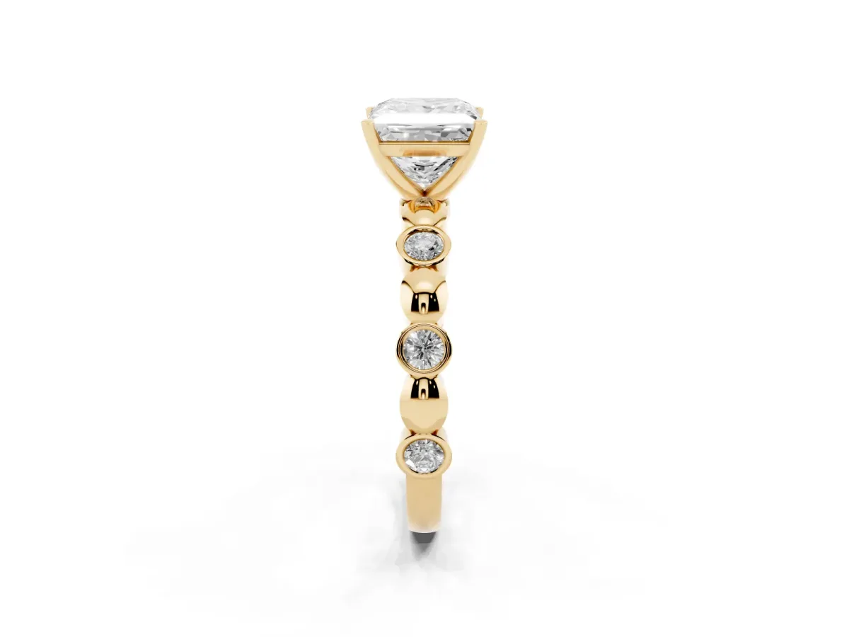 Princess Cut Solitaire Bezel-Set Diamond Ring with Beaded Band and Four-Prong Setting Yellow gold
