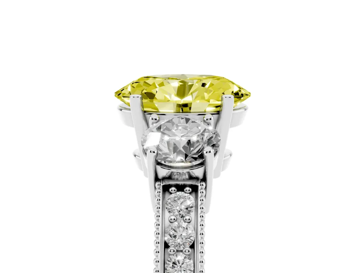 Fancy Yellow Oval Cut Three-Stone Diamond Ring with Pavé Band and Four-Prong Setting Silver