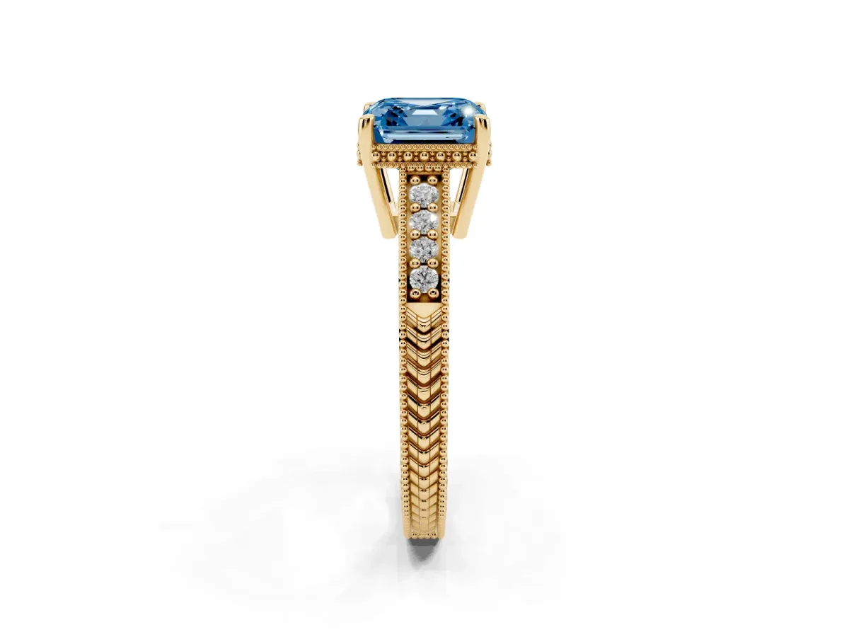 Fancy Blue Asscher Cut Solitaire Pavé Diamond Milgrain Engagement Ring with Four-Prong Setting Yellow gold