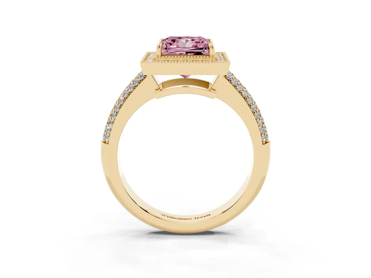 Fancy Pink Princess Cut Cut Halo Diamond Pave Band with Four-Prong Setting Yellow gold