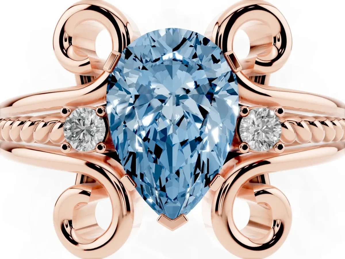 Fancy Blue Pear Cut Solitaire Twisted Band Scroll Prong Ring Rose gold