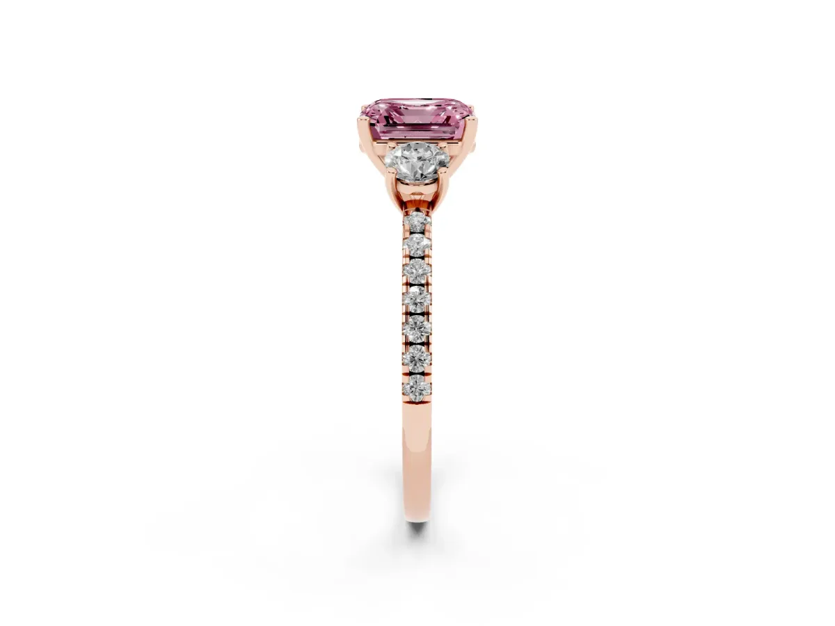 Fancy Pink Three-Stone Asscher Cut Cut Diamond Pavé Band with Prong Setting Rose gold
