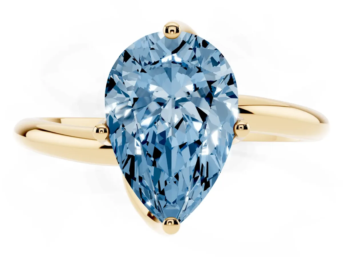 Fancy Blue Pear Cut Diamond Solitaire Engagement Ring with Four-Prong Setting and Classic Band Yellow gold