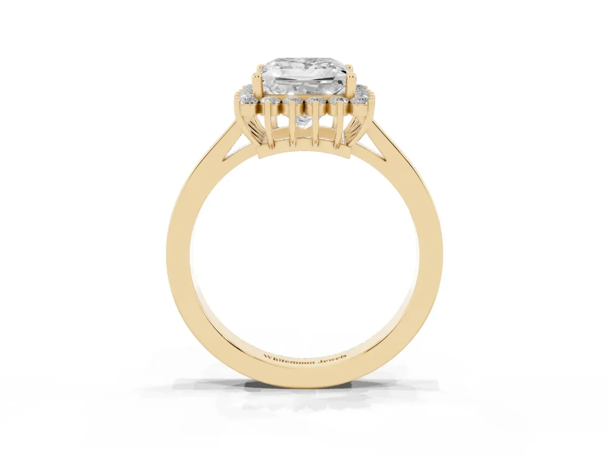 Princess Cut Cut Diamond Halo Ring with Round Brilliant Halo and Solitaire Band Yellow gold