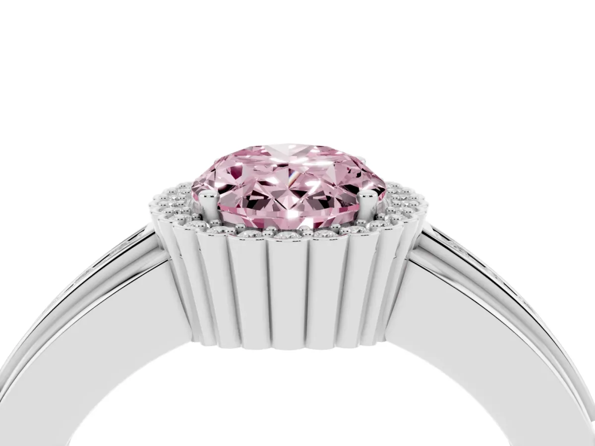 Fancy Pink Oval Cut Cut Halo Pave Band Four-Prong Ring Platinum