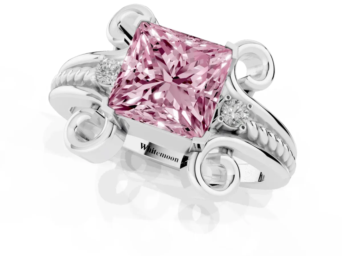 Fancy Pink Princess Cut Solitaire Twisted Band Scroll Prong Ring Silver