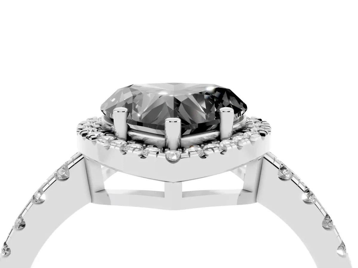 Fancy Black Heart Cut Diamond Halo Ring with Pavé Band and Four-Prong Setting White gold