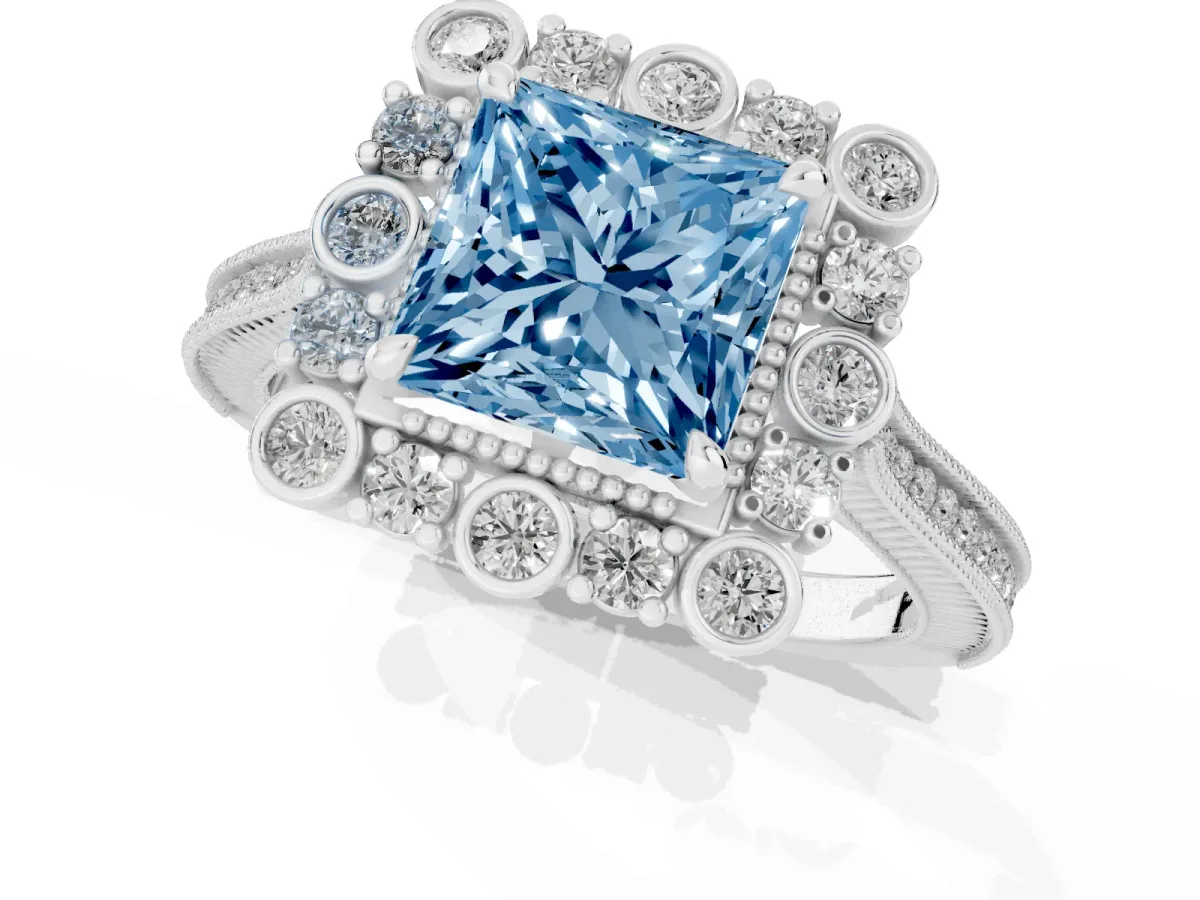 Fancy Blue Princess Cut Halo Milgrain Pave Diamond Ring with Four-Prong Setting Silver