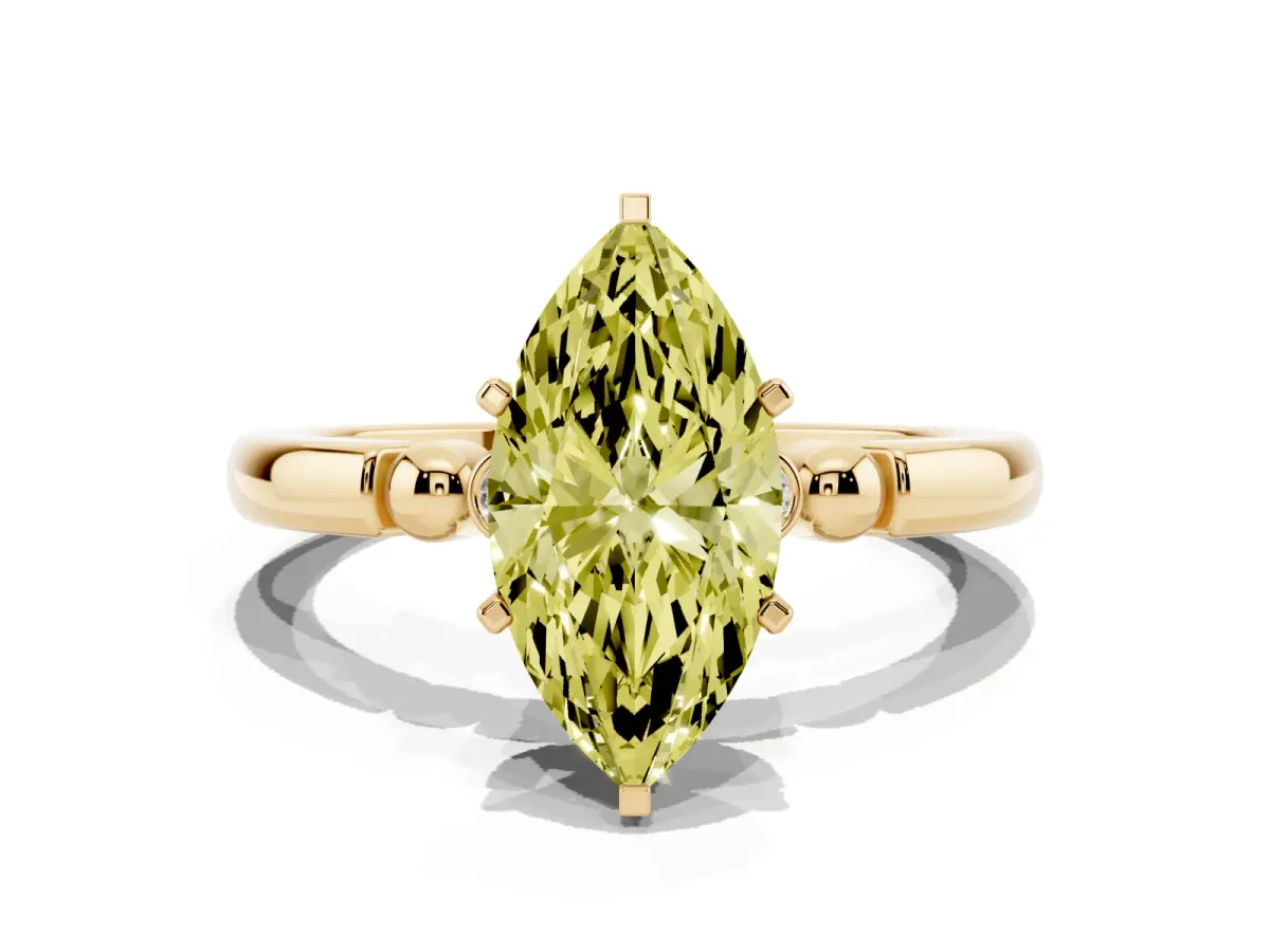 Fancy Yellow Marquise Cut Solitaire Beaded Band with Four-Prong Setting Yellow gold