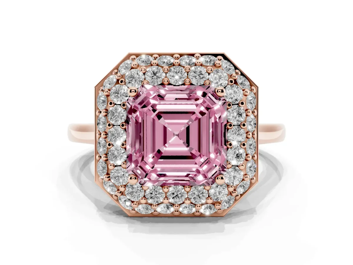 Fancy Pink Asscher Cut Halo Diamond Engagement Ring with Solitaire Band and Four-Prong Setting Rose gold