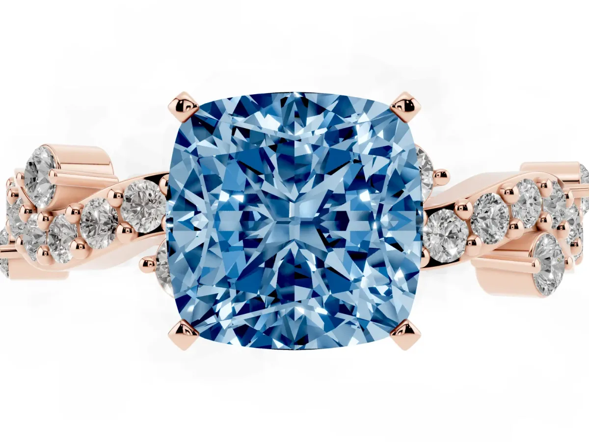 Fancy Blue Cushion Cut Cut Solitaire Diamond Twisted Band with Pave Setting Rose gold
