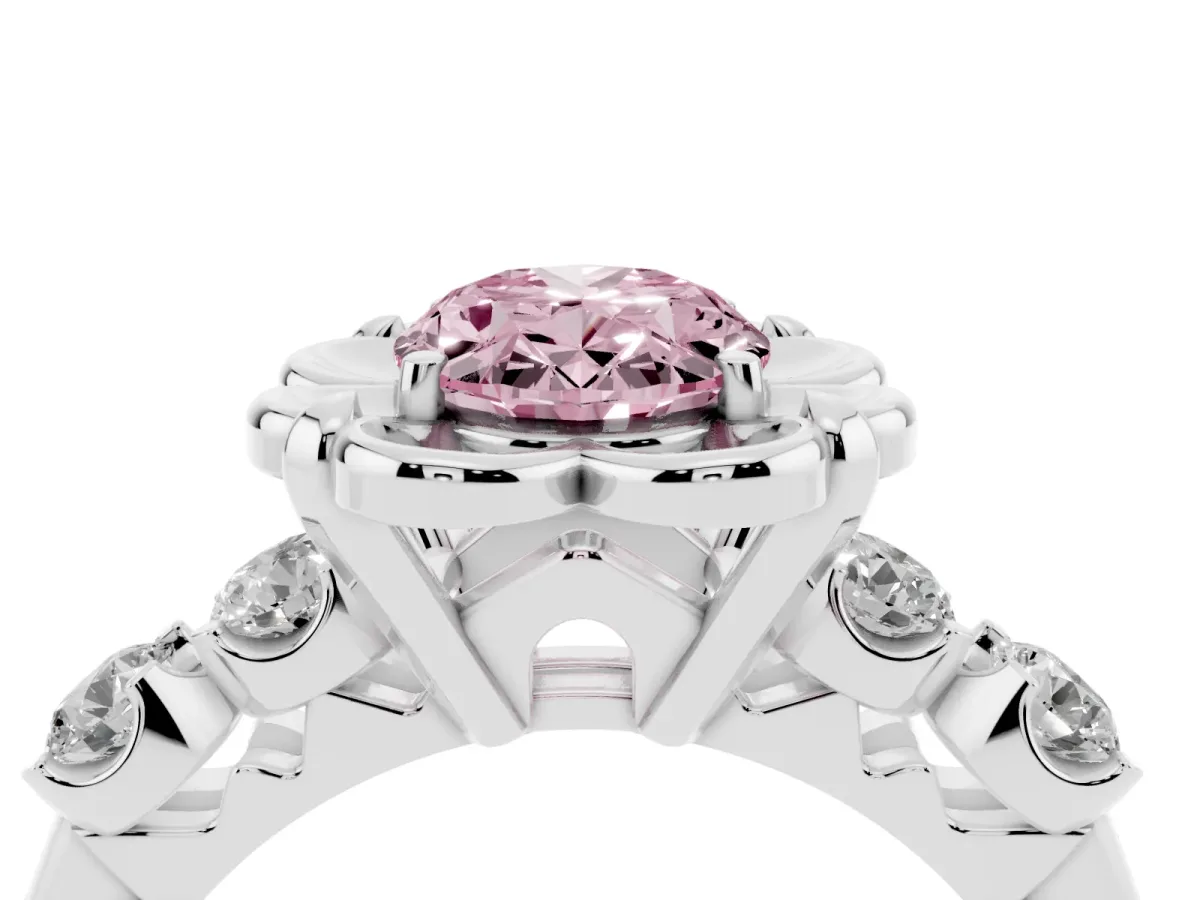 Fancy Pink Oval Cut Cut Diamond Floral Halo Engagement Ring with Shared Prong Setting Silver