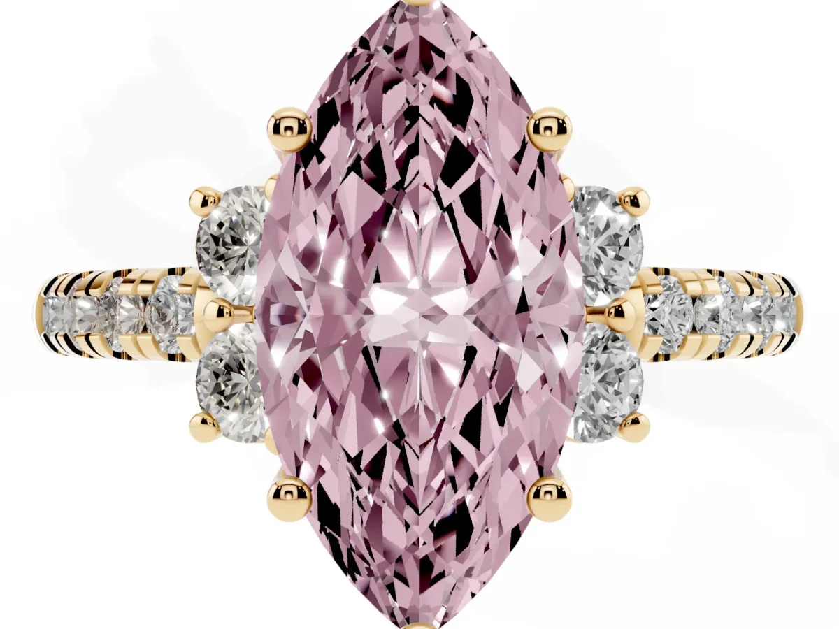 Fancy Pink Marquise Cut Diamond Three-Stone Pave Band with Four-Prong Setting Yellow gold