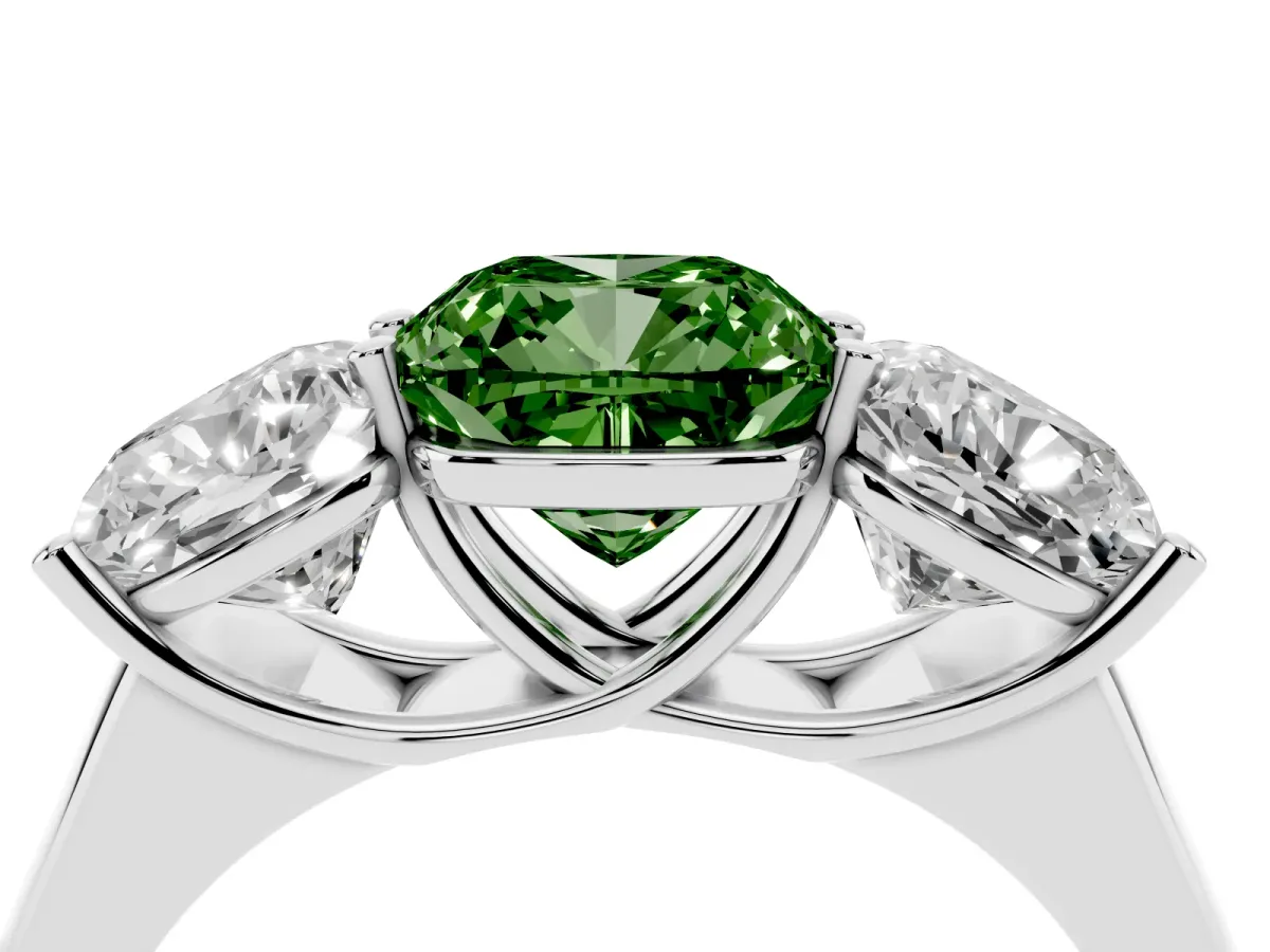Fancy Green Cushion Cut Three-Stone Diamond Ring with Prong Setting on a Classic Band Silver