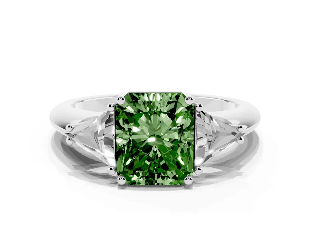Fancy Green Three-Stone Radiant Cut Diamond Engagement Ring with Trillion Side Stones and Prong Setting Silver